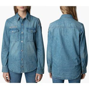 NWT New $298 Zadig & Voltaire This Denim Button-Up Blue Long Sleeve Shirt Size S